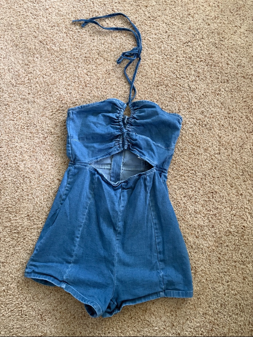Denim Blue Halter Cutout One-Piece Romper